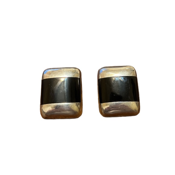 Vintage Jewelry - Vintage Square Sterling Silver Onyx Bezzle Clip On Earrings
